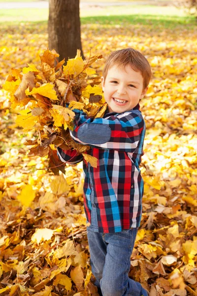 Ребенок веселится осенью — стоковое фото