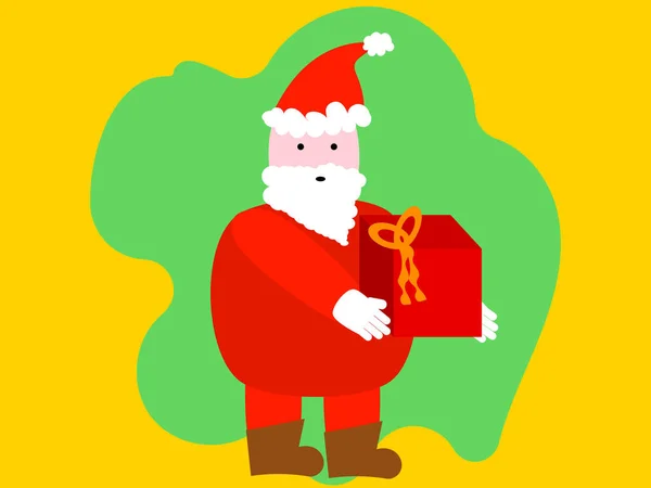 Papai Noel Com Presente Vermelho Mão Sobre Fundo Amarelo — Vetor de Stock