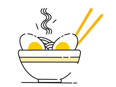 Kalın bir yemek, ramen çorbası adı verilen, kaynamış yumurta ile hazırlanmış, beyaz arka planda.