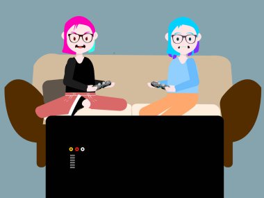Two young women play on a console on television, one has an aggressive expression and the other concerned, they both have a fashion look and use wireless controls and are sitting on a brown sofa