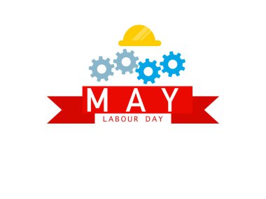 Üzerinde İşçi Bayramı yazan bir pankartta çalışmayı temsil eden mavi dişliler.