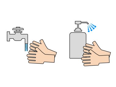 Muslukta ya da muslukta ellerini yıkamak. Kendilerini korumak için antibakteriyel jel kullanan eller.