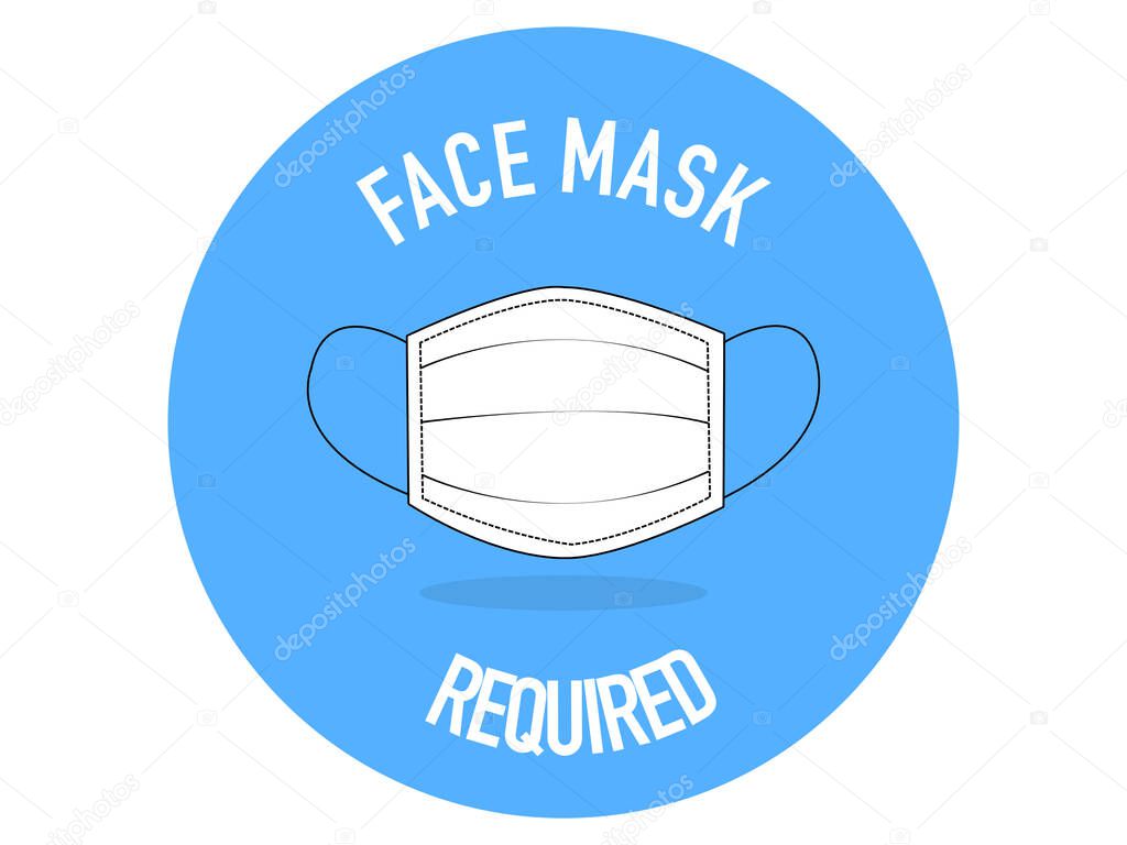 Blue banner in a circle, which indicates that it is mandatory to wear face masks, the latter is white, outlined in black. Face mask required