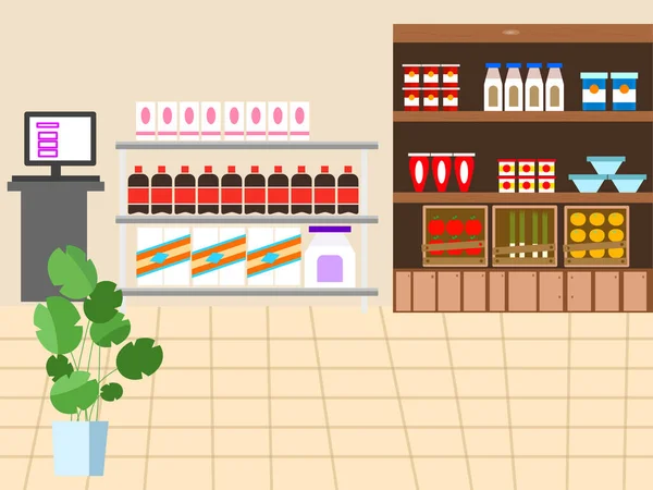 Kleine Zelfbedieningswinkel Met Diverse Producten Zoals Frisdranken Toiletpapier Groenten Fruit — Stockvector