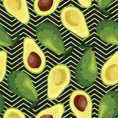 Avokado ve geometrik dalgalarla kusursuz bir arka plan. Siyah arka planda açık sarı çizgileri olan egzotik meyveler. Tasarım ve web için beyaz bir arkaplanda izole edilmiş vektör illüstrasyonu.
