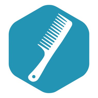 Tarak simgesi. Mavi altıgenli bir tarağın beyaz silueti. Karışık ıslak ve kuru saçı çözme ve tarama aracı. Tasarım ve web için beyaz bir arkaplanda izole edilmiş vektör illüstrasyonuName.