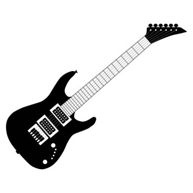 Elektro gitar. Beyaz arka planda siyah bir gitar silueti. Metal tellerin titreşimlerini elektrik akımının titreşimlerine dönüştüren telli elektrikli müzik aleti. Tasarım ve ağ için vektör illüstrasyonu.