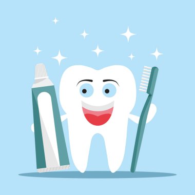 Mutlu diş. Beyaz, temiz bir diş macunu ve diş fırçasını tutar. Dişlerini fırçalama konsepti. Ağız boşluğunda hijyen. Tasarım ve web için beyaz bir arkaplanda izole edilmiş vektör illüstrasyonu.