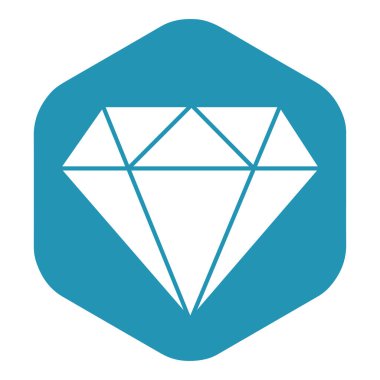 Elmas ikonu. Mücevher sembolü. Mavi altıgen üzerinde beyaz bir siluet. Tasarım ve web için beyaz bir arkaplanda izole edilmiş vektör illüstrasyonu.