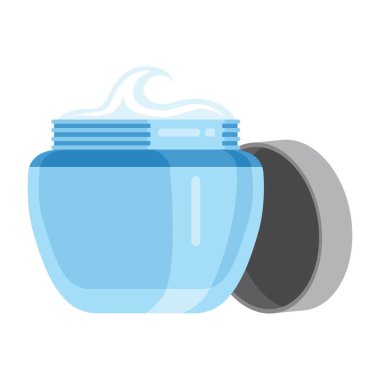 Yüz kremi. Gri kapaklı mavi bir kavanozda cilt bakımı için makyaj kremi. Tasarım ve web için beyaz bir arkaplanda izole edilmiş vektör illüstrasyonu.