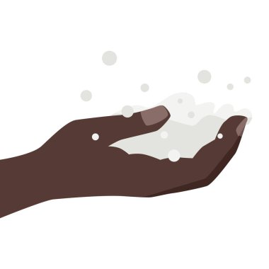 El yıkama. Sabun köpüklü koyu tenli bir el. Dezenfeksiyon ve temizlik. Hijyen. Tasarım ve web için beyaz bir arkaplanda izole edilmiş vektör illüstrasyonu.