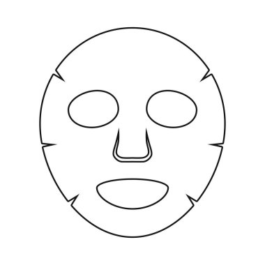 Kozmetik kumaş maskesi taslağı. Göz, burun ve ağız için kesikleri olan, kozmetik veya kompleks bir kompozisyona sahip özel bir kumaştan yapılmış bir peçete. Tasarım ve web için beyaz bir arkaplanda izole edilmiş vektör illüstrasyonu.