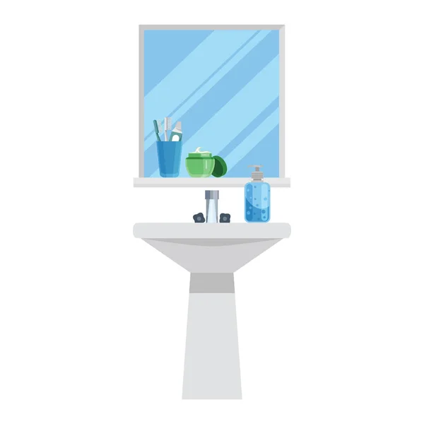Ayna Tuvalet Malzemeleriyle Lavabo Diş Fırçalı Diş Macunu Yüz Kremi — Stok Vektör