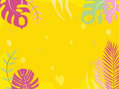 Tropik bayrak. Tropikal yapraklar ve bitkiler sarı arka planda pembe ve yeşildirler. Tasarım ve ağ için izole vektör illüstrasyonu.