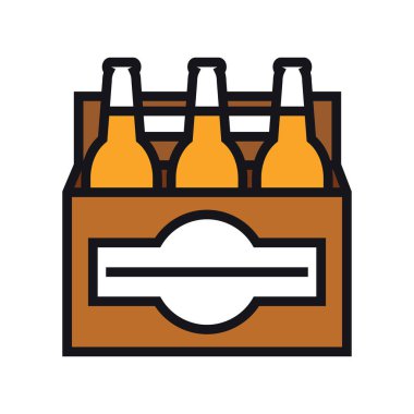 Bir paket bira. Alkollü, sarhoş edici içeceklerle dolu cam şişeler. Şişeler için karton ya da ahşap paket. Tasarım ve web için beyaz bir arkaplanda izole edilmiş vektör illüstrasyonu.