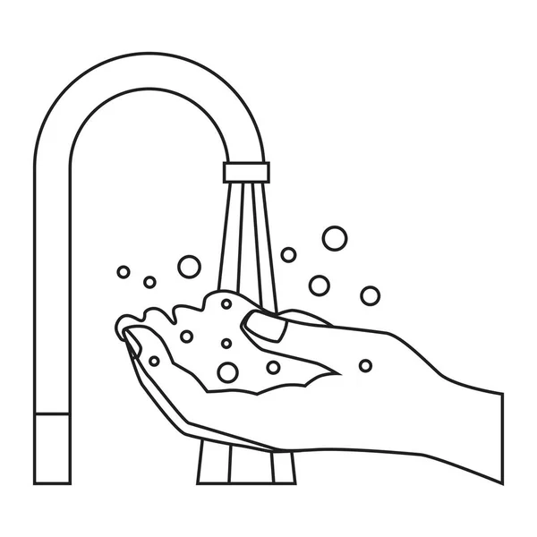 Hand Washing Outline Two Hands Soap Foam Bubbles Tap Water — Stock Vector