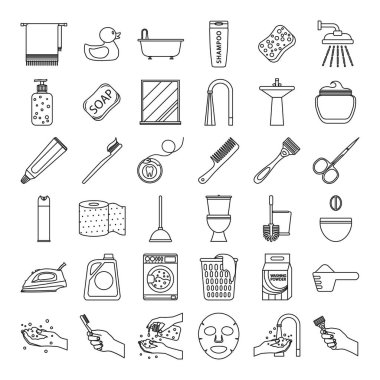 Seth banyo. Banyo, banyo, banyo ve vücut bakımı için gerekli eşyalar ve ekipmanlar. Tasarım ve web için beyaz bir arkaplanda izole edilmiş vektör illüstrasyonu.