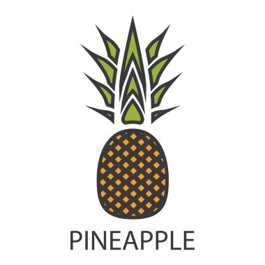 Üzerinde yazı olan ananas ikonu. Yeşil yapraklı ve gri çizgili lezzetli sarı bir meyve. Alerjik reaksiyona neden olan bir ürün. Tasarım ve web için beyaz bir arkaplanda izole edilmiş vektör illüstrasyonu.