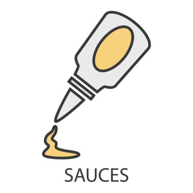 Üzerinde yazı olan sos ikonu. Sızdıran soslu ve gri çizgili bir tüp. Alerjik reaksiyona neden olan bir ürün. Tasarım ve web için beyaz bir arkaplanda izole edilmiş vektör illüstrasyonu.