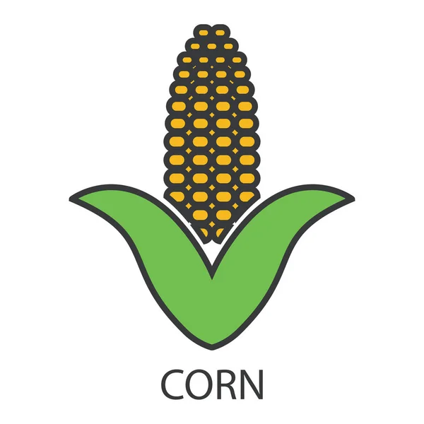 Corn Icon Inscription Yellow Corn Cob Green Foliage Gray Outline — Stock Vector