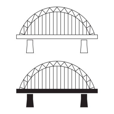 Köprü ikonu. Bir engelin üzerine inşa edilmiş bir yapı. Köprü insanlığın en eski mühendislik icatlarından biridir. Tasarım ve web için beyaz bir arkaplanda izole edilmiş vektör illüstrasyonu.