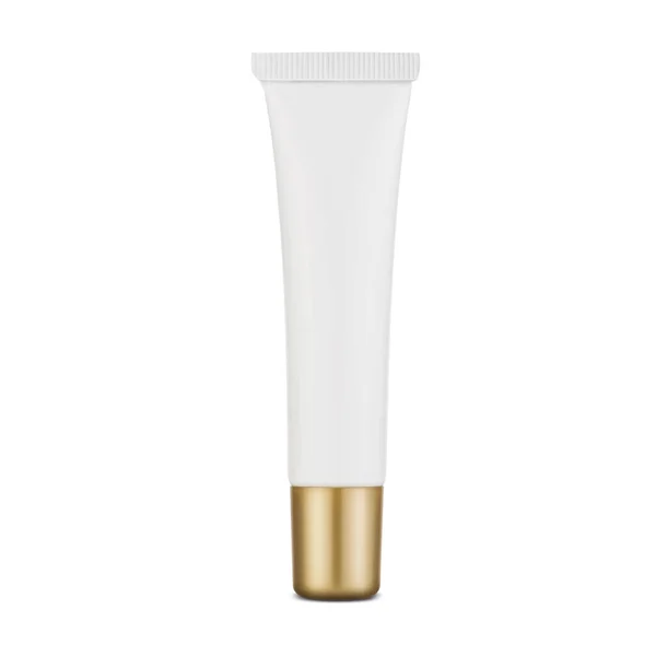 Biała Plastikowa Tuba Kosmetyków Złotą Pokrywą Czyste Opakowanie Różnych Kosmetyków — Zdjęcie stockowe