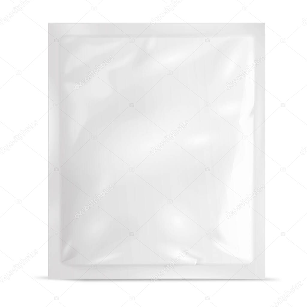 White square cosmetic packaging. Packaging for wet and dry wipes, cosmetic masks, samples of cosmetics and other products. The image is isolated on a white background.