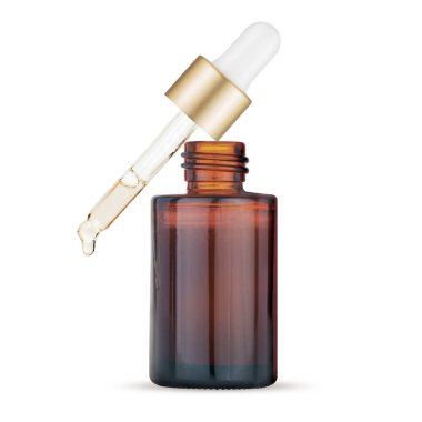 Kozmetik için kahverengi cam şişe ve bir doz pipeti. Pipet kutusundan damlayan bir damla. Kullanışlı modern paketleme.