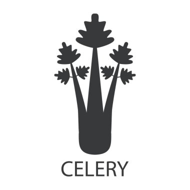 Kereviz ikonu. Üzerinde imza olan bir kereviz bitkisinin silueti. Lezzetli ve sağlıklı yiyecekler alerjiye neden olur. Beyaz arkaplanda izole edilmiş vektör illüstrasyonu.