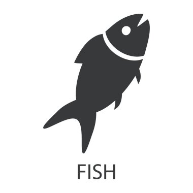 Balık ikonu. İmzalı bir balık silueti. Lezzetli ve sağlıklı yiyecekler alerjiye neden olur. Beyaz arkaplanda izole edilmiş vektör illüstrasyonu.