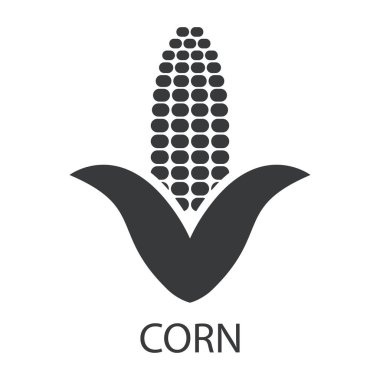 Mısır ikonu. Olgun bir mısır koçanı silueti ve imzası. Lezzetli ve sağlıklı yiyecekler alerjiye neden olur. Beyaz arkaplanda izole edilmiş vektör illüstrasyonu.