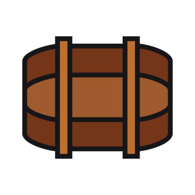 Çeşitli alkollü içecekler için tahta fıçı. Fıçı, alkolsüz ve alkolsüz içeceklerin yanı sıra ev hazırlıklarında kullanılıyor. Tasarım ve web için beyaz bir arkaplanda izole edilmiş vektör illüstrasyonu.