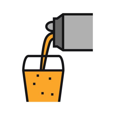 Alüminyum bir kutudan cam bir bardağa bira dolduran ikon. Tasarım ve web için beyaz bir arkaplanda izole edilmiş vektör illüstrasyonu.