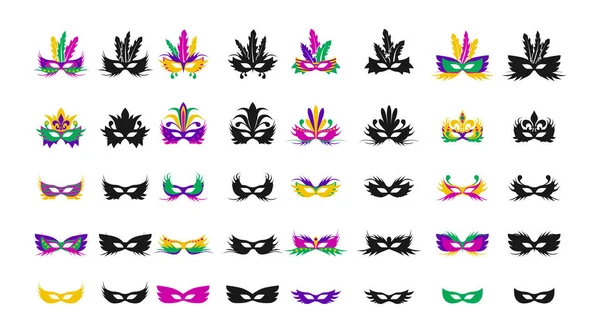 Grand Ensemble Masques Carnaval Masques Dans Style Carnaval Mardi Gras — Image vectorielle