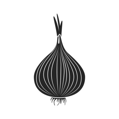 Soğan ikonu. Siyah bir soğan silueti. Çeşitli yemekleri pişirmek için kullanılan lezzetli ve sağlıklı bir sebze. Tasarım ve web için beyaz bir arkaplanda izole edilmiş vektör illüstrasyonu.