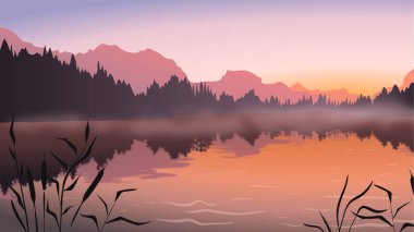 Sabah manzarası yumuşak pembe tonlarda. Göl, sazlıklar, sis ve gün doğumu.