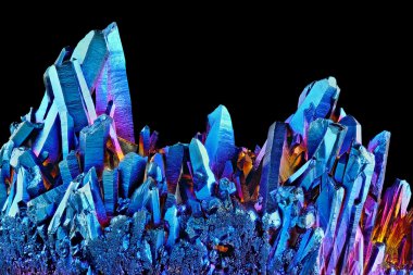 Quartz Rainbow Titanium aura crystal cluster on black background clipart