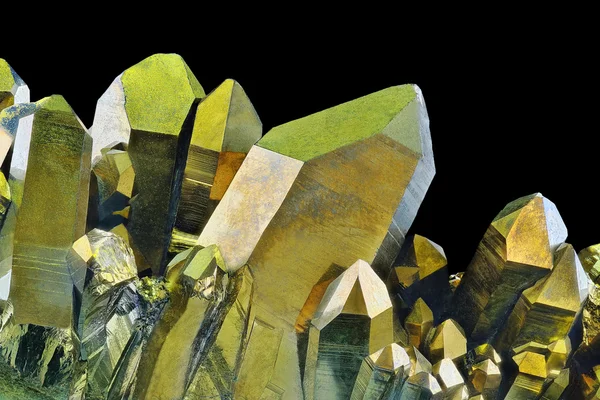 Quartz Gold Titanium Aura crystal cluster on black background — Stock Photo, Image