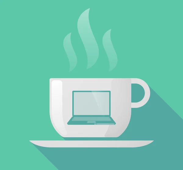 Longue tasse ombre de café avec un ordinateur portable — Image vectorielle