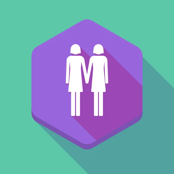 Icono de hexágono de sombra larga con un pictograma de pareja lesbiana — Archivo Imágenes Vectoriales