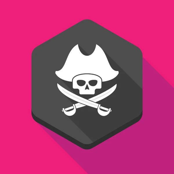 Icono de hexágono de sombra larga con un cráneo pirata — Vector de stock