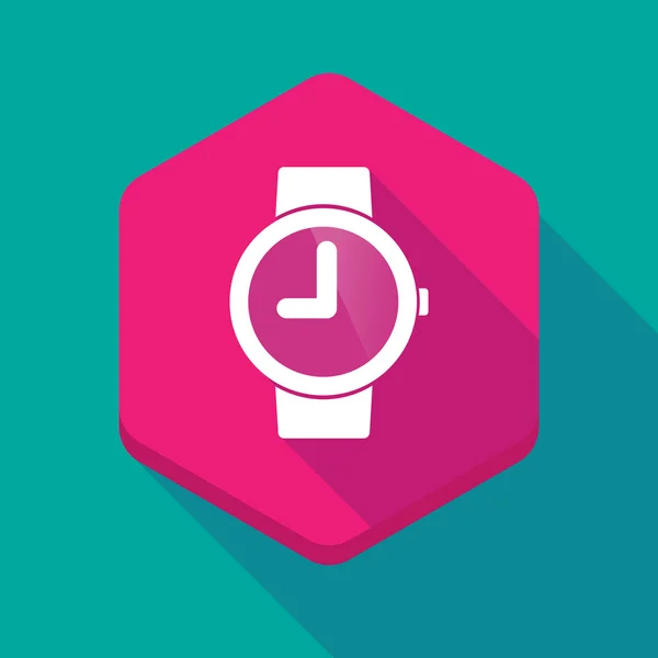 Icono de hexágono de sombra larga con un reloj de pulsera — Vector de stock