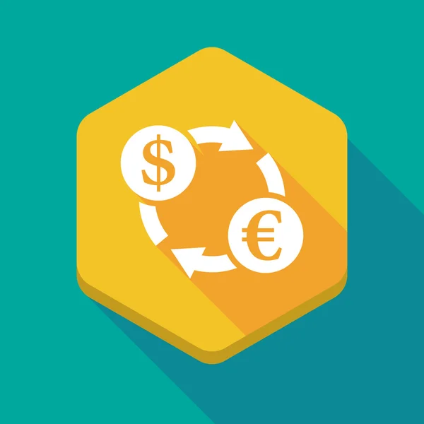 Long shadow hexagon icon with a dollar euro exchange sign — Stock Vector