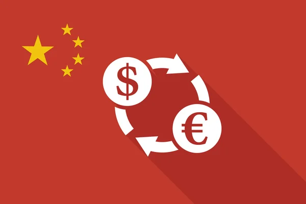 Bandera de sombra larga de China con un signo de cambio de euro dólar — Vector de stock