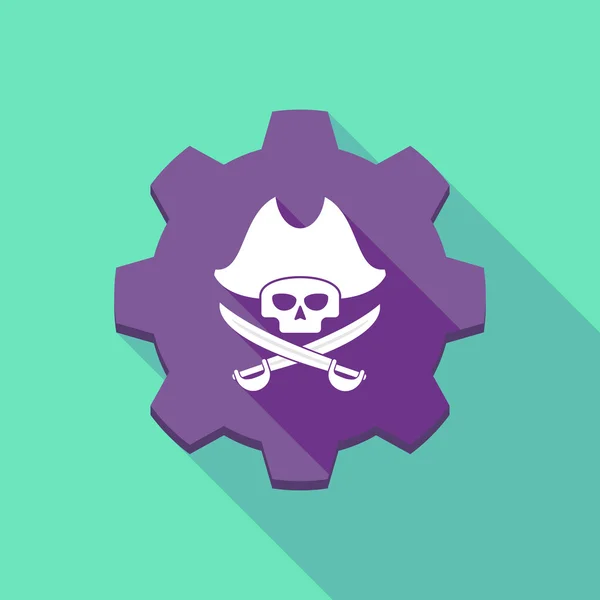 Icono de engranaje de sombra largo con un cráneo pirata — Vector de stock