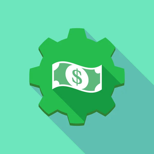 Longue icône d'engrenage d'ombre avec un billet de banque dollar — Image vectorielle
