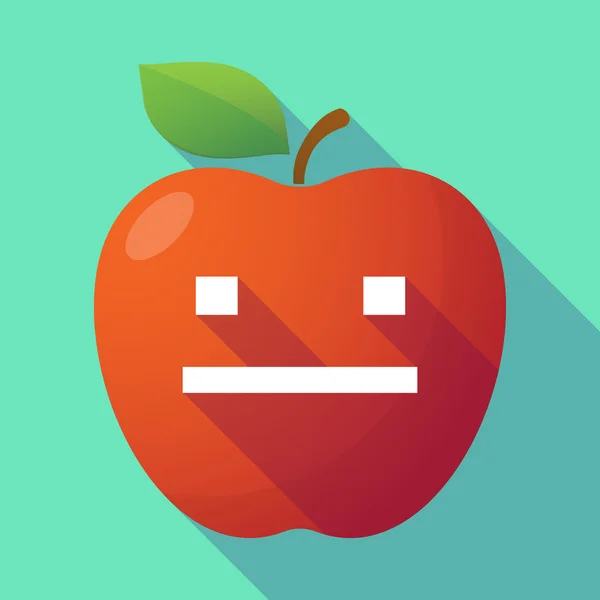 Long shadow red apple with a emotionless text face — Stock Vector