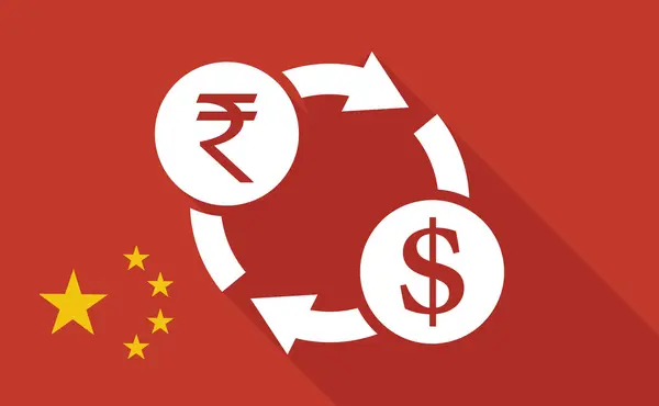 Çin uzun gölge bayrakla Rupisi ve dolar işareti değişimi — Stok Vektör