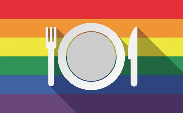Lunga ombra gay orgoglio bandiera con un piatto coltello e una forchetta icona — Vettoriale Stock