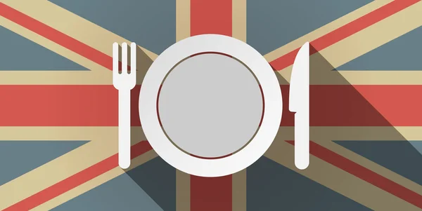 Long shadow UK flag icon with  a dish, knife and a fork icon — Stock Vector